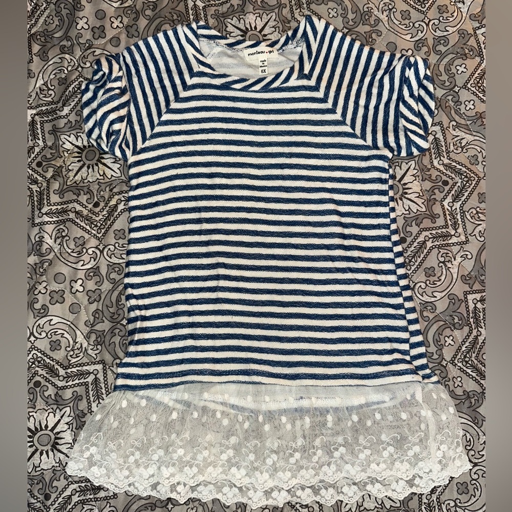 Blue Striped Kids Top with Lace Hem